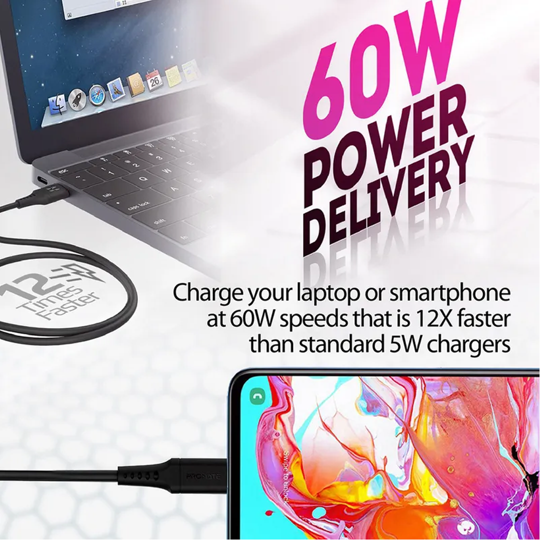 Promate 60W Power Delivery Ultra-Fast USB-C Soft Silicon Cable Data & Charge Support 2M Length in Qatar Promate 60W Power Delivery Ultra-Fast USB-C Soft Silicon Cable Data & Charge Support 2M Length in Qatar